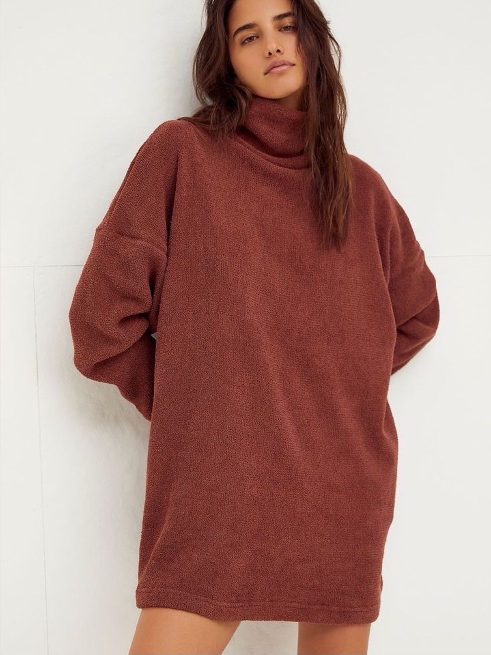Free People Beach Size Large Cacao Brown Funnel Neck Mini Sweater Dress